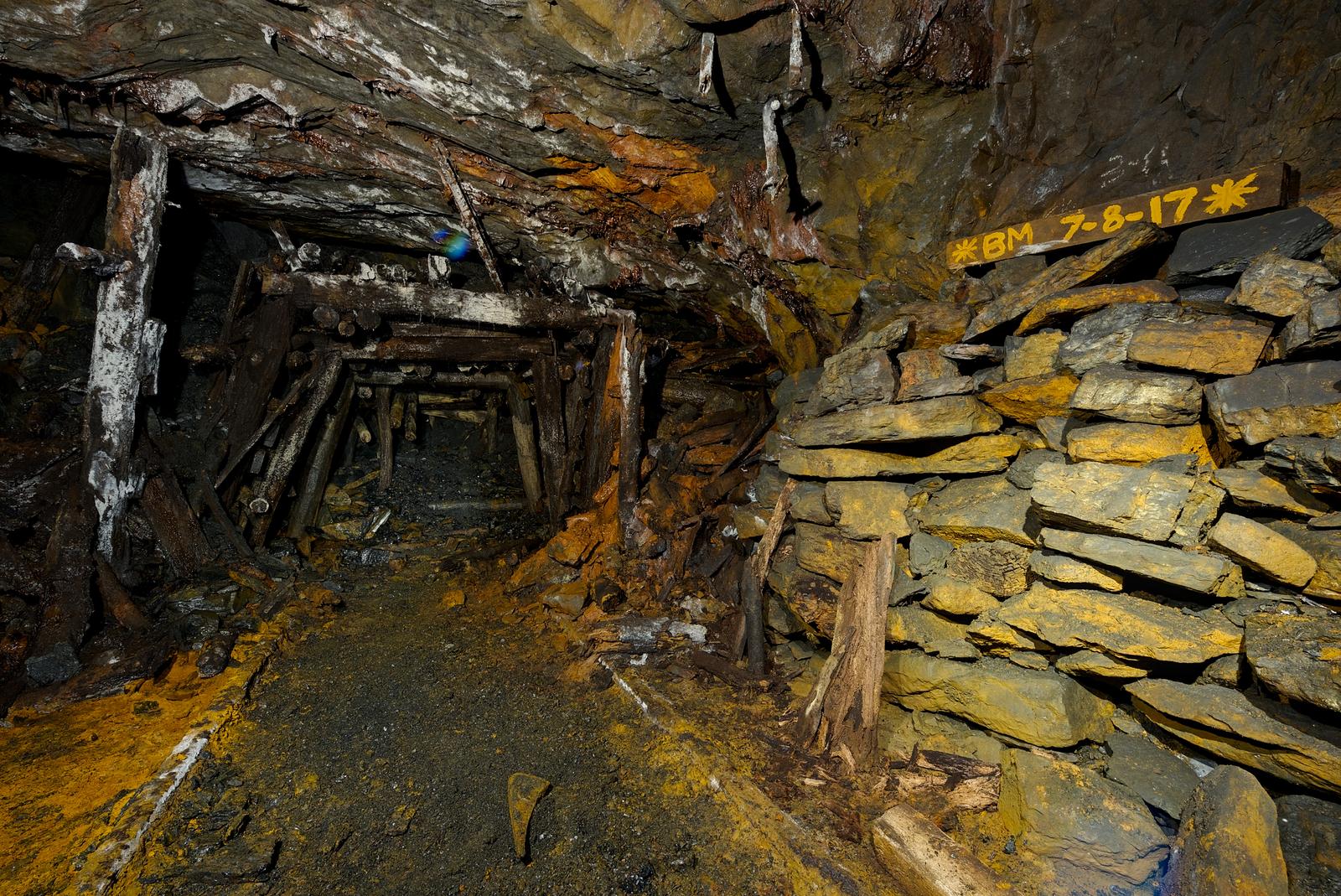 An old explorer left his mark where the tunnel ends in collapse.