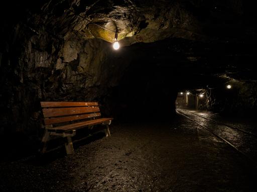 A single bench is illuminated in the coal tunnel.