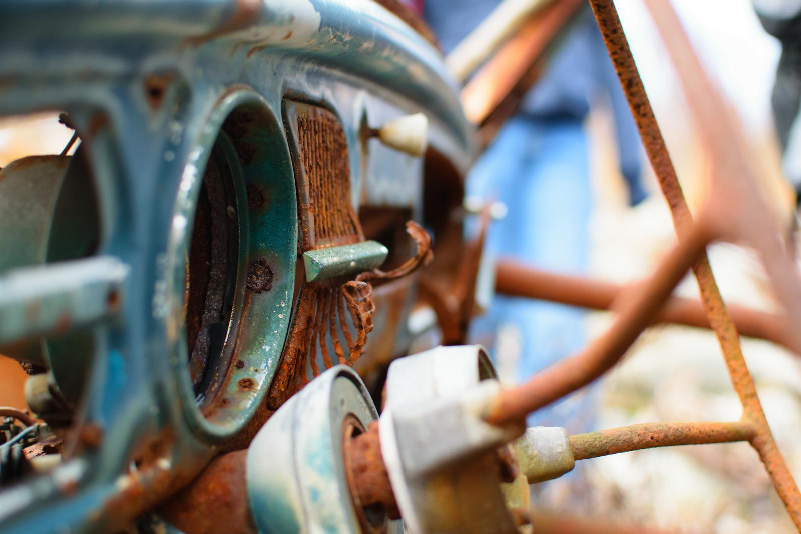 A close-up of a dashboard in a colorful, rusted and rotted out car in the woods.