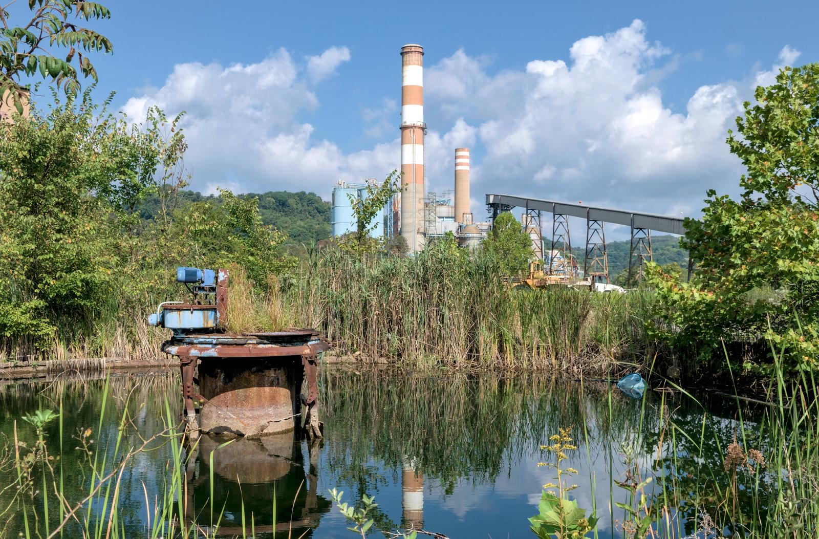 At an abandoned power plant, a water treatment clarifier sits idle and overgrown.