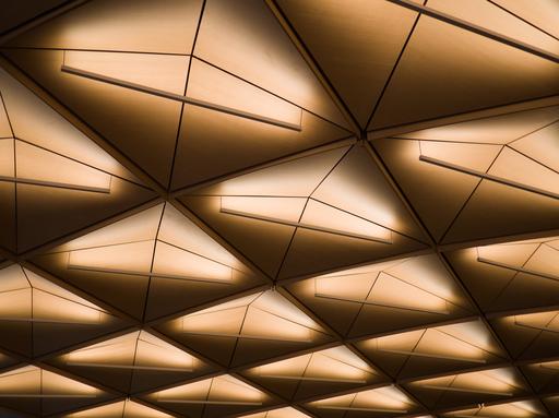 The pleasant pattern of the ceiling lights in Penn State's new ECORE building. The fire alarm was going off when I took this, but it was so cold outside that nobody would leave the ground floor.
